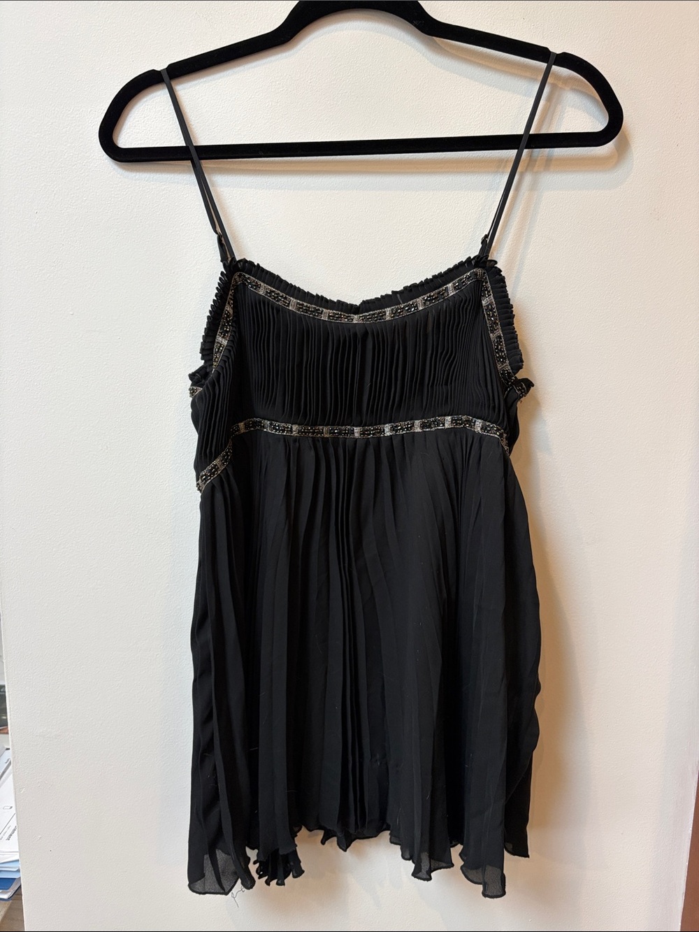 Express Design Studio Black Silk Pleated Spaghetti-Strap Cami with Beaded Trim,S